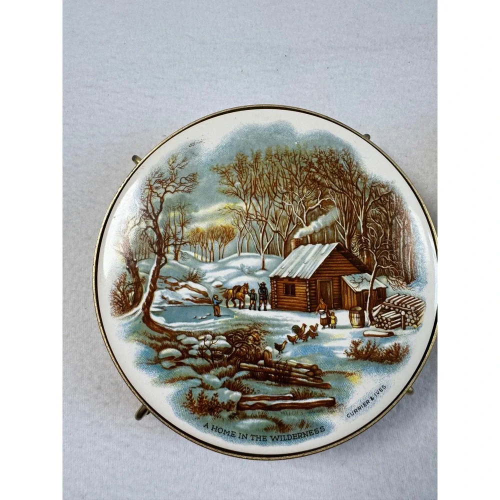 Vintage Currier & Ives Set of 2 Footed Trivets 6